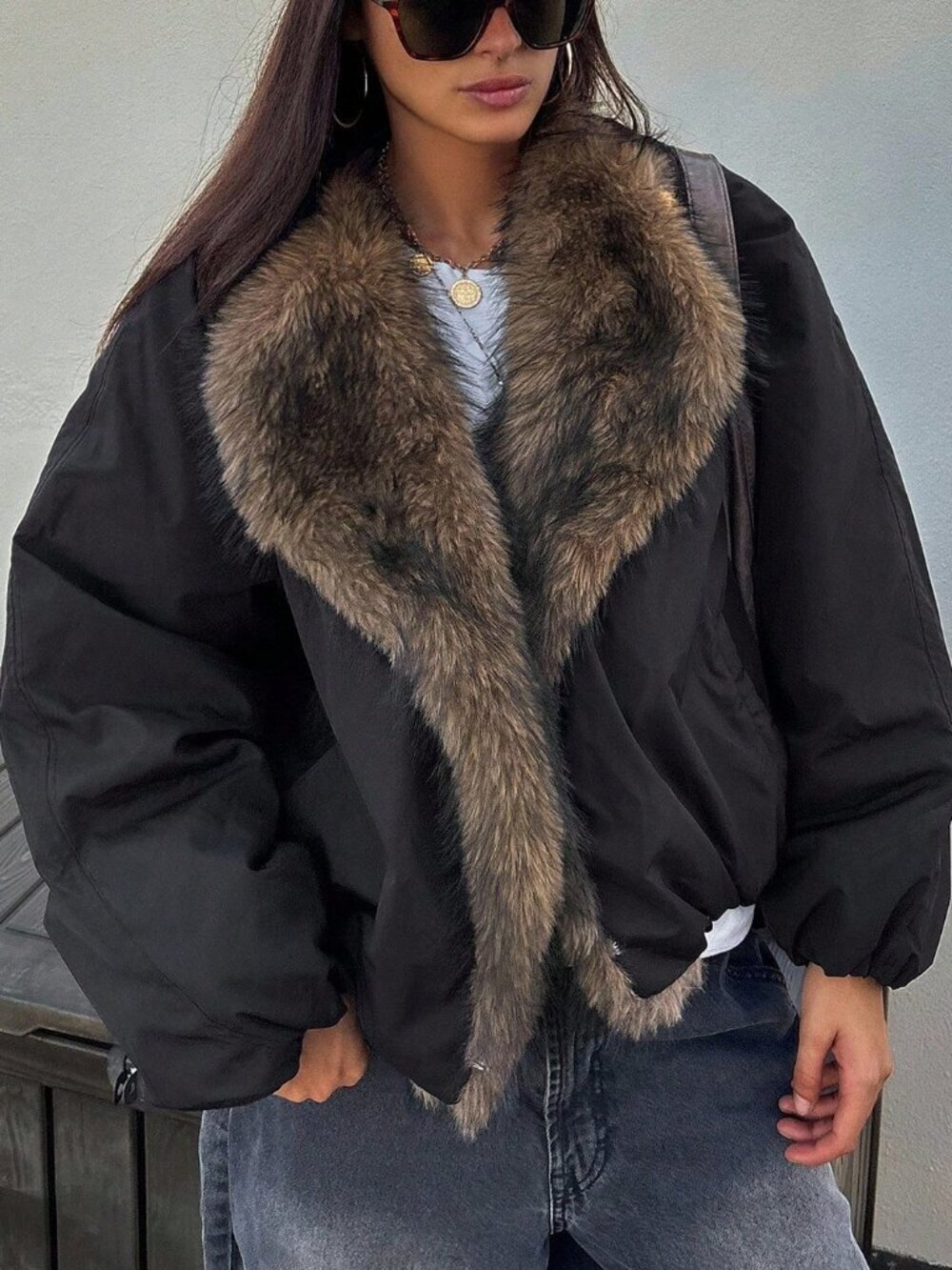 Black Casual Women's Contrast faux Fur Collar Loose Padded Jacket